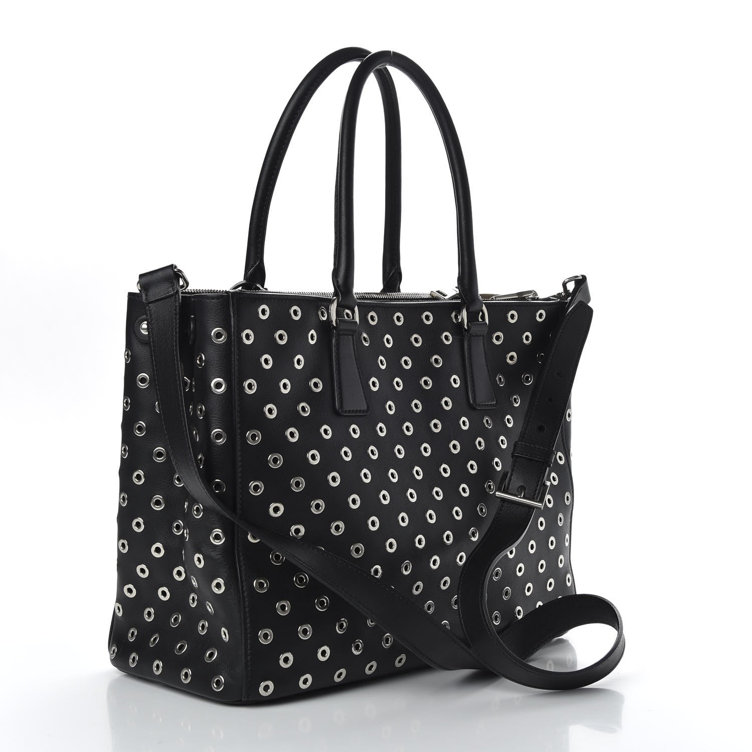 Prada City Calf Grommet Large Double Zip Tote Black 3 of 9