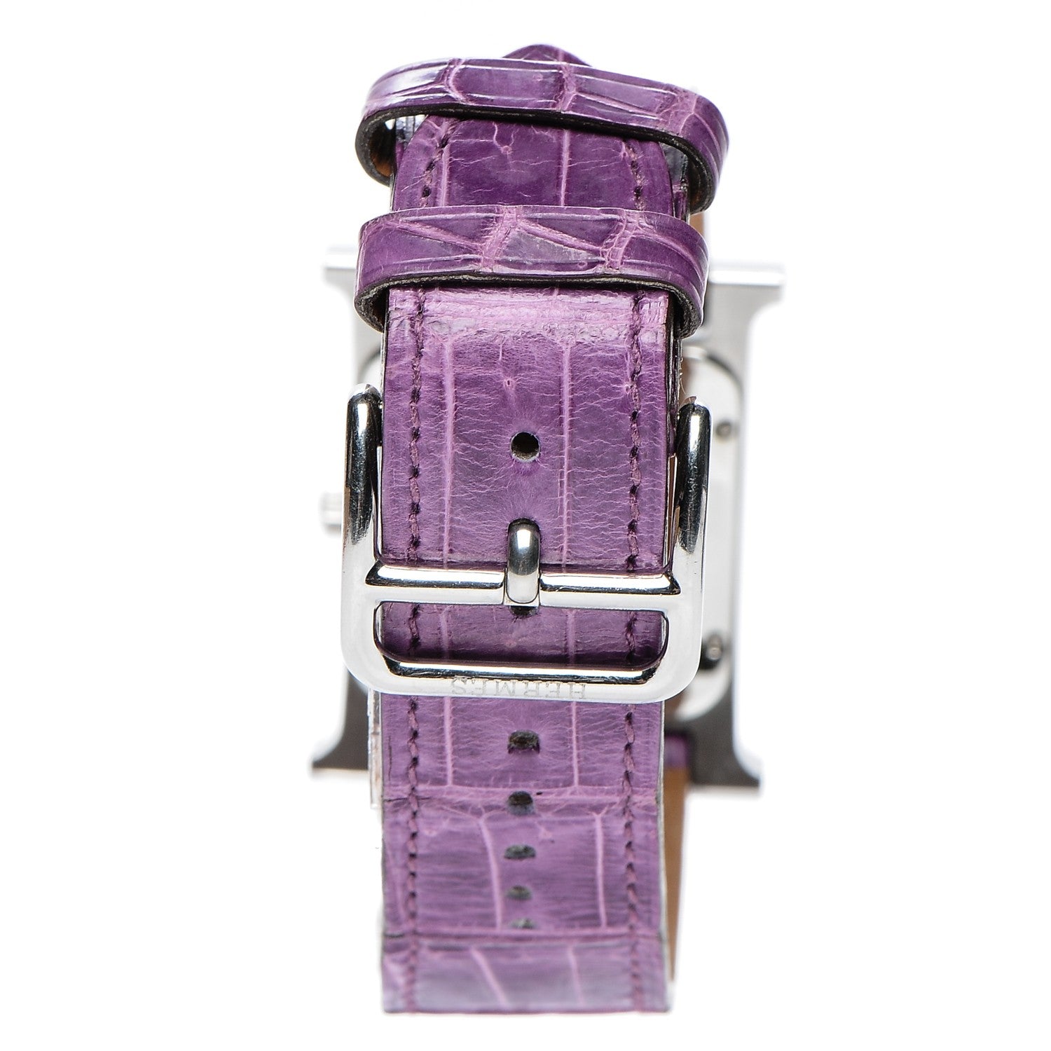 Hermes Stainless Steel Alligator Diamond Bezel 26mm Heure H Hour Quartz Watch Amethyst 3 of 11