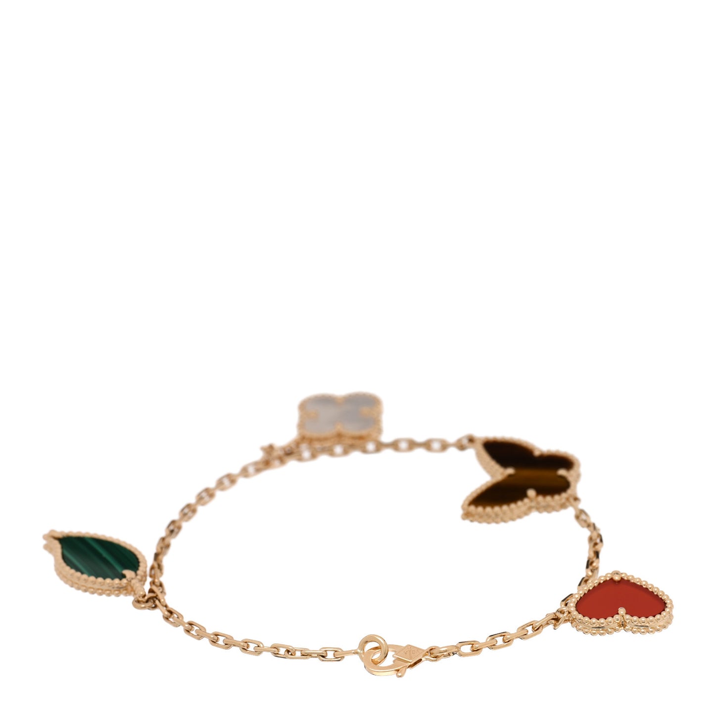 18K Yellow Gold Mother of Pearl Malachite Carnelian Tiger Eye 4 Motifs Lucky Alhambra Bracelet