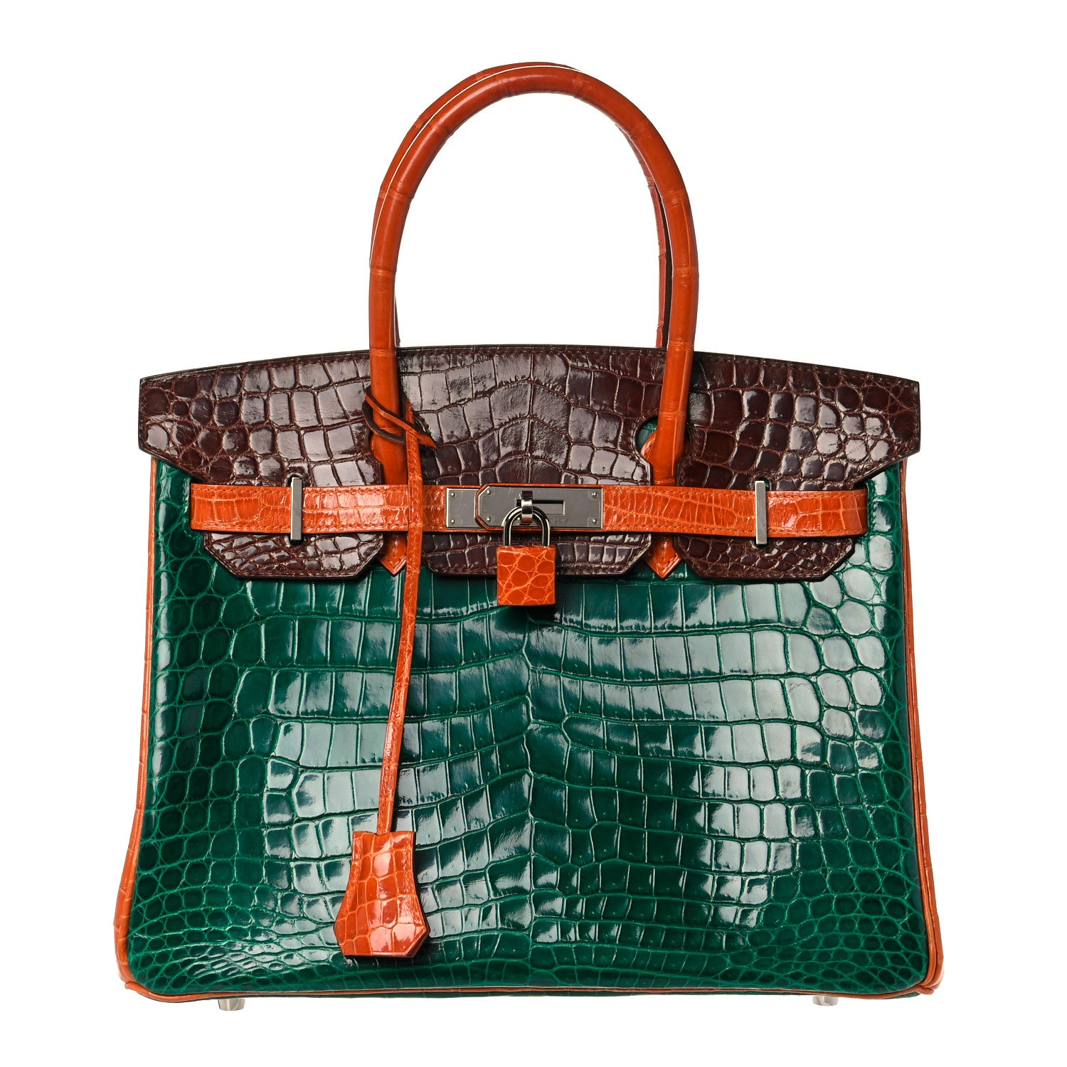 Hermes Shiny Niloticus Crocodile Horseshoe Birkin 30 Vert Emeraude Orange Miel 1 of 35
