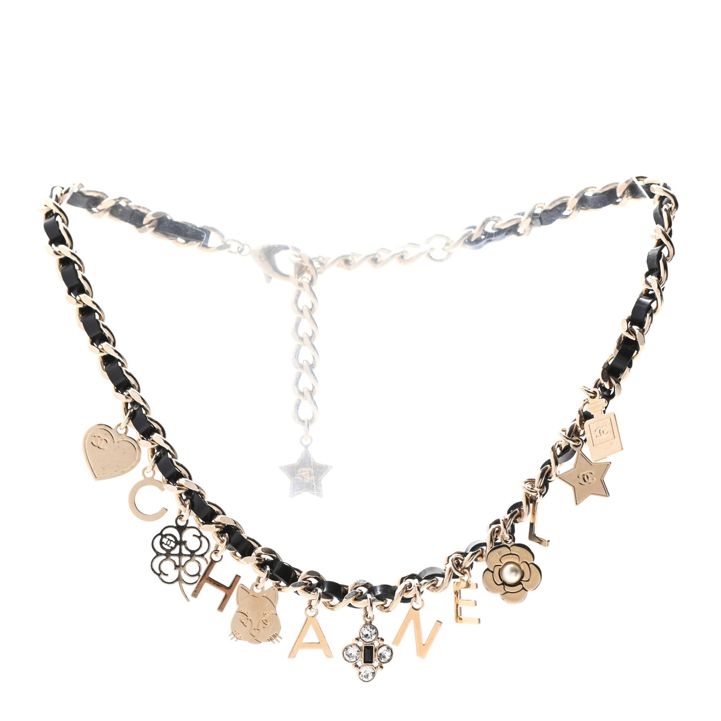 Glazed Calfskin Crystal Pearl Charm Short Necklace Black Gold