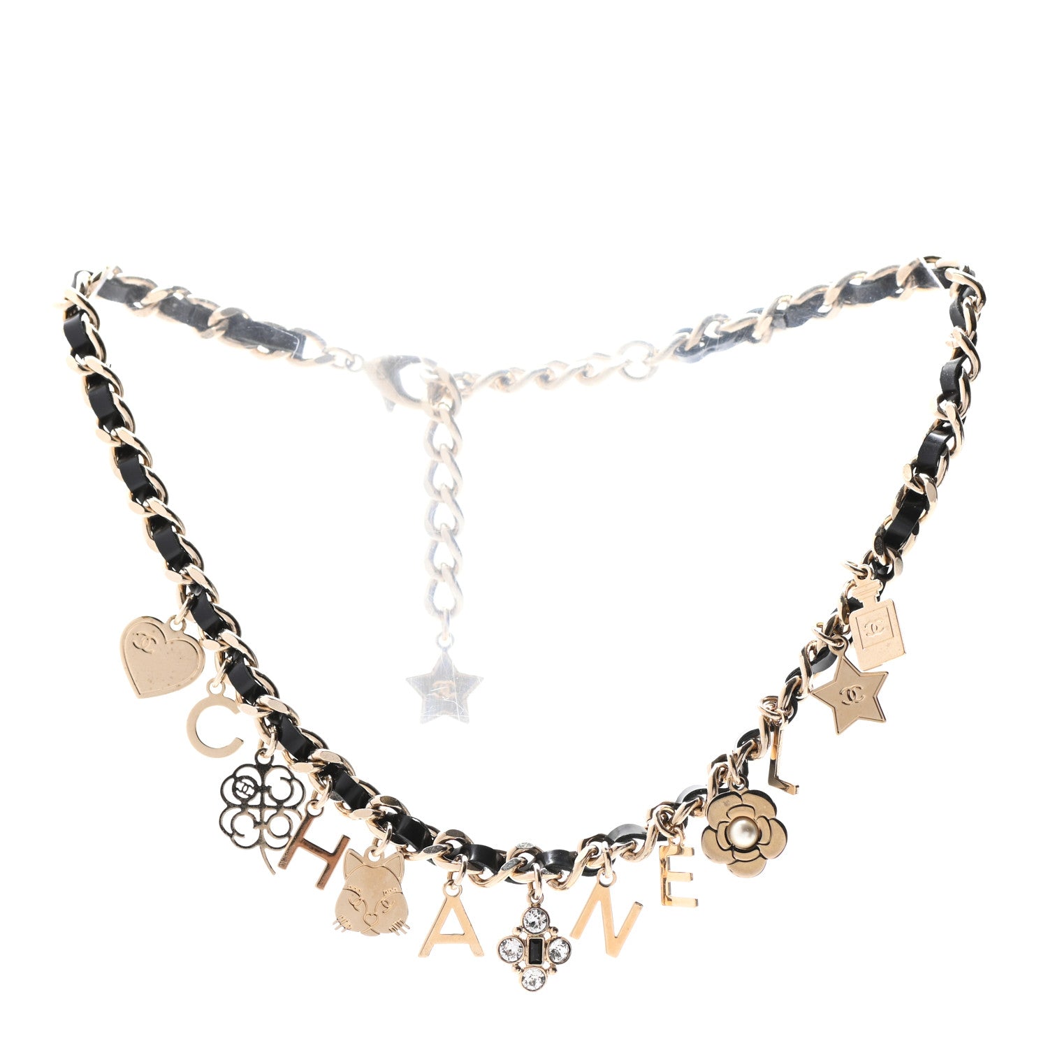 Chanel Glazed Calfskin Crystal Pearl Charm Short Necklace Black Gold 1 of 6