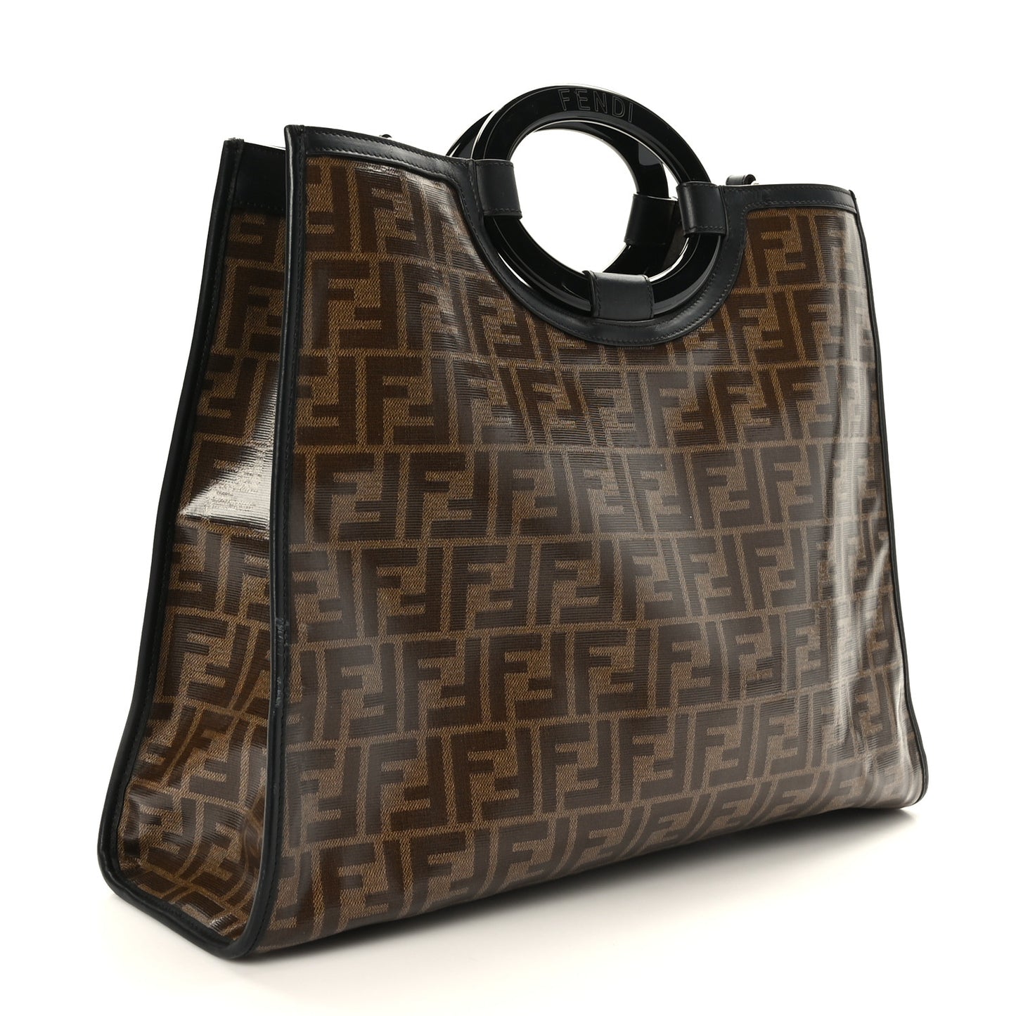 Glazed Fabric Vitello Century Plexiglass FF 1974 Stamp Patch Medium Runaway Shopper Tote Mogano Panna Black