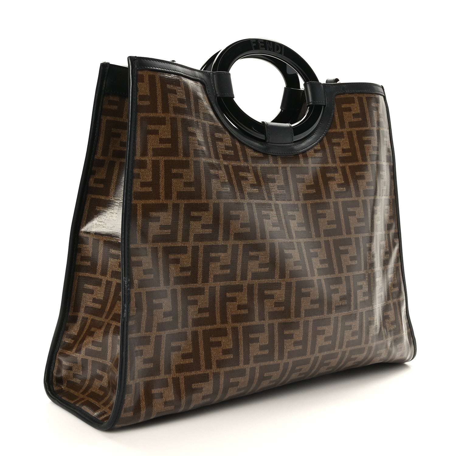 Fendi Glazed Fabric Vitello Century Plexiglass FF 1974 Stamp Patch Medium Runaway Shopper Tote Mogano Panna Black 3 of 9