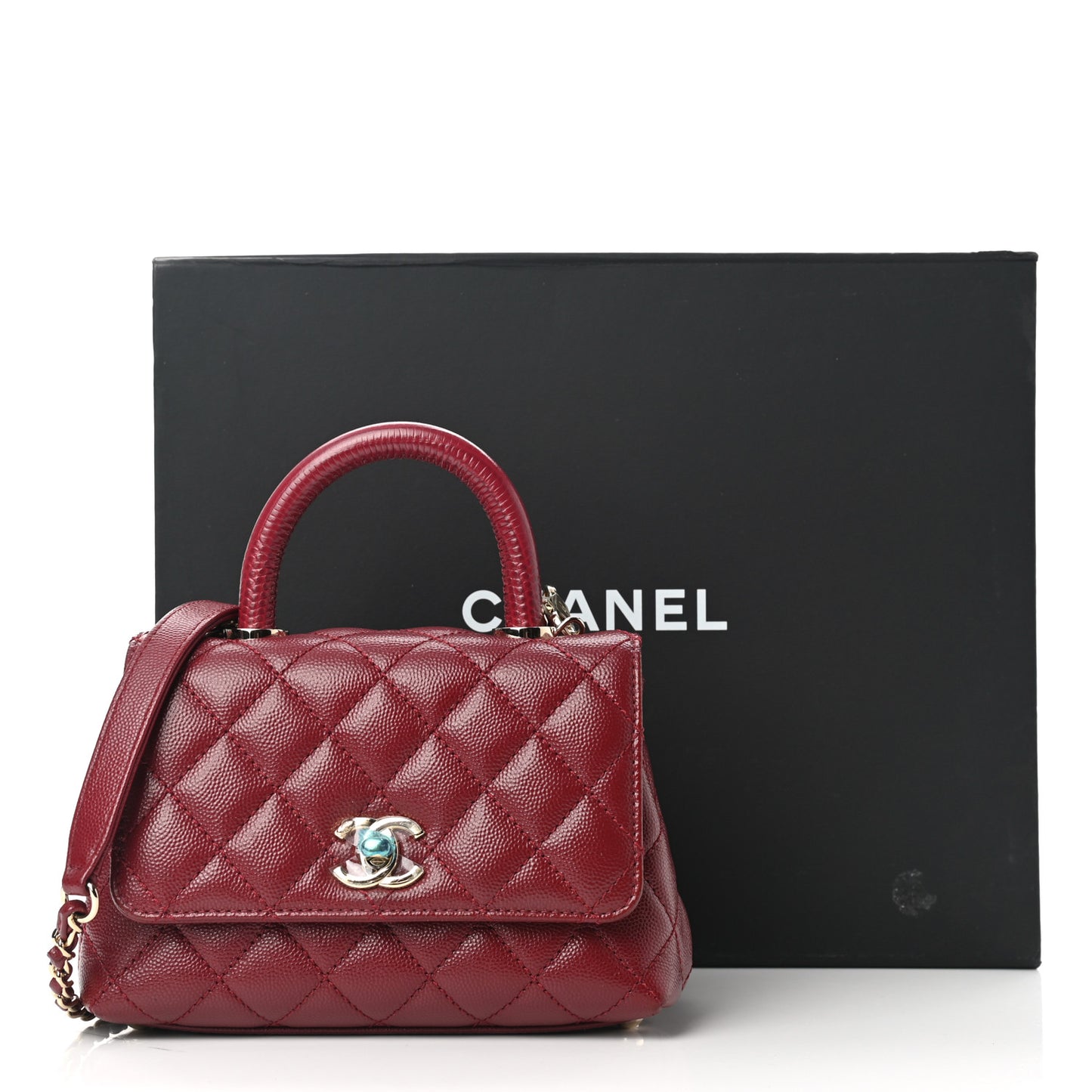 Caviar Quilted Lizard Embossed Extra Mini Coco Handle Flap Burgundy