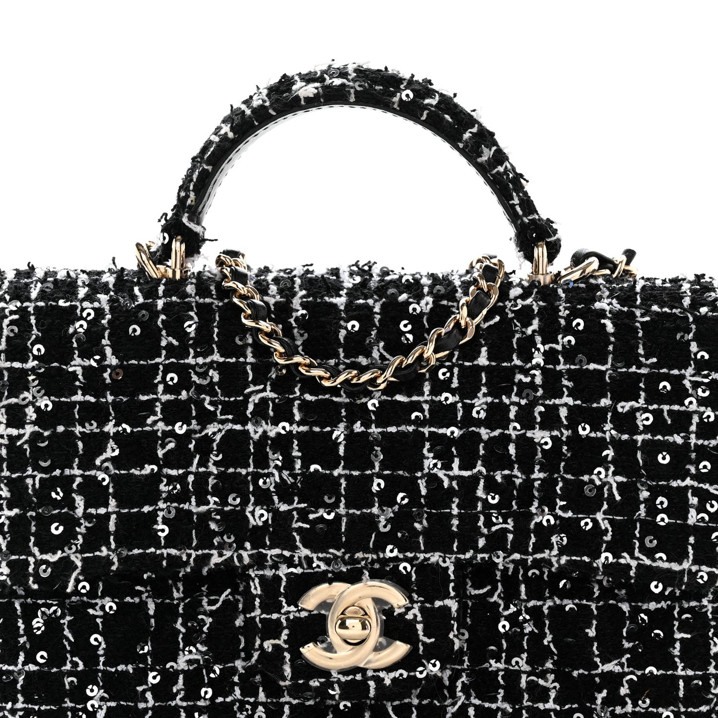 Tweed Quilted Mini Top Handle Rectangular Flap Black White