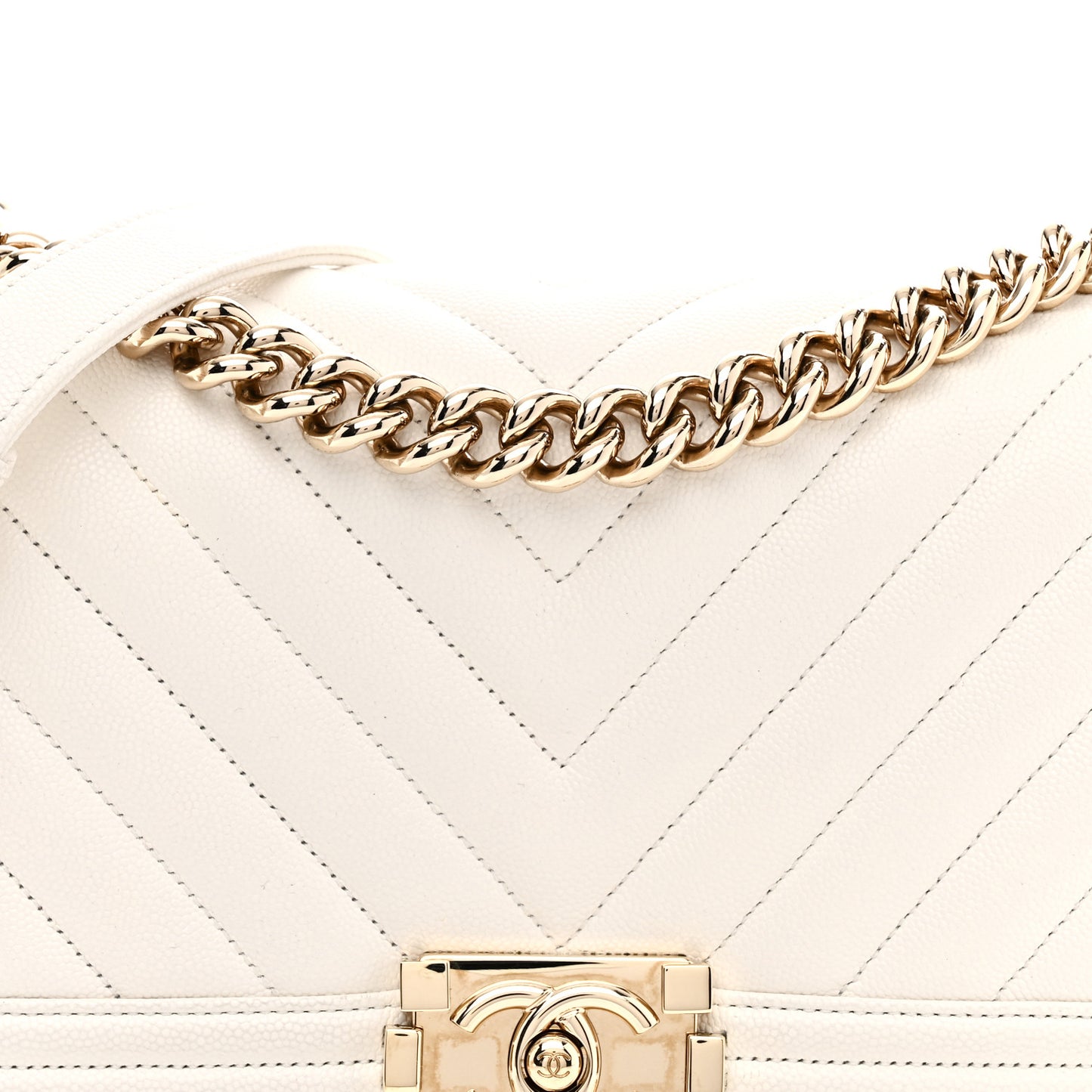 Caviar Chevron Quilted Medium Boy Flap White