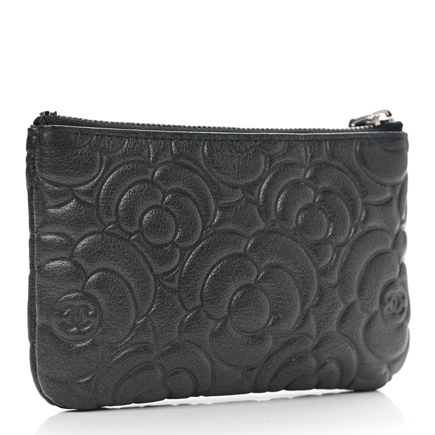 Goatskin Camellia Embossed Cosmetic Pouch Anthracite