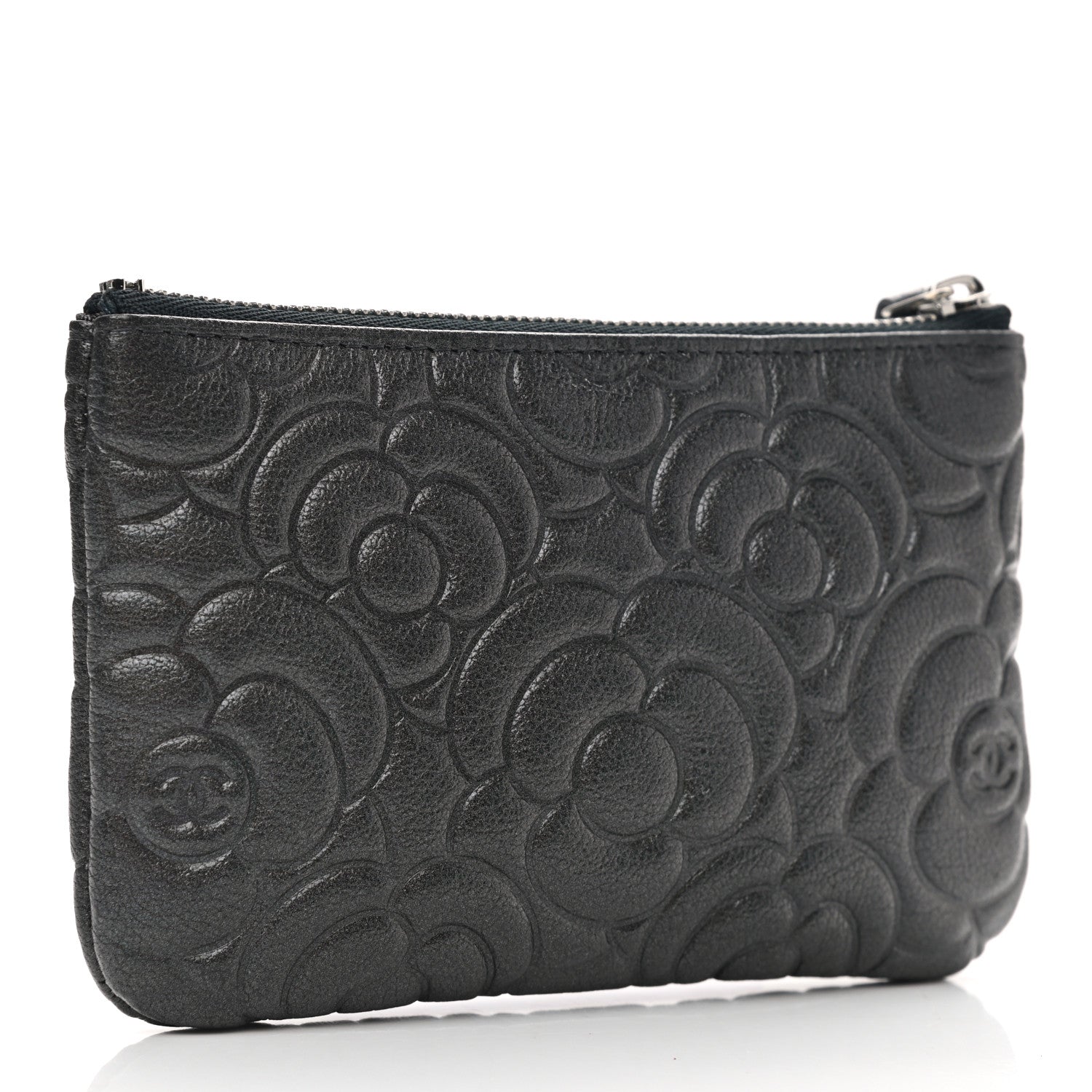 Chanel Goatskin Camellia Embossed Cosmetic Pouch Anthracite 2 of 7