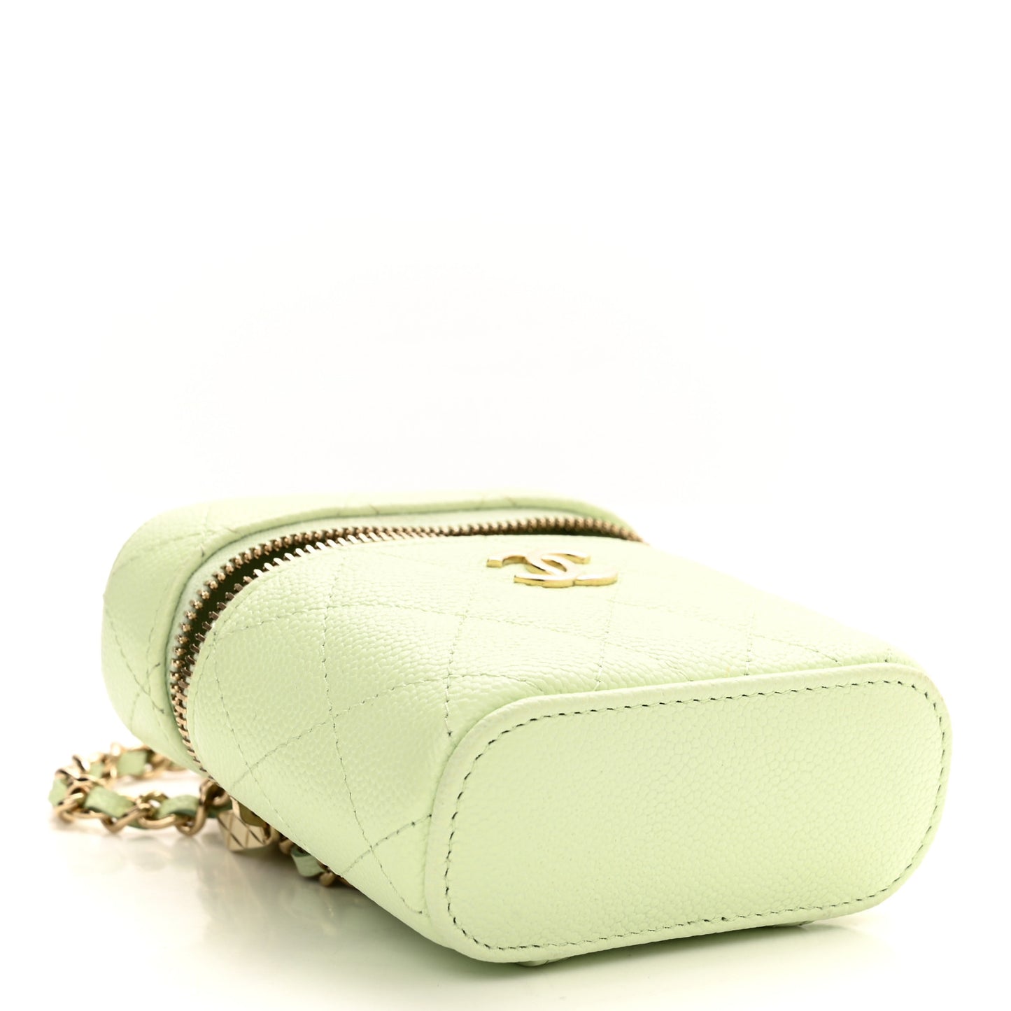 Caviar Quilted Small Handle With Care Vanity Case With Chain Light Green