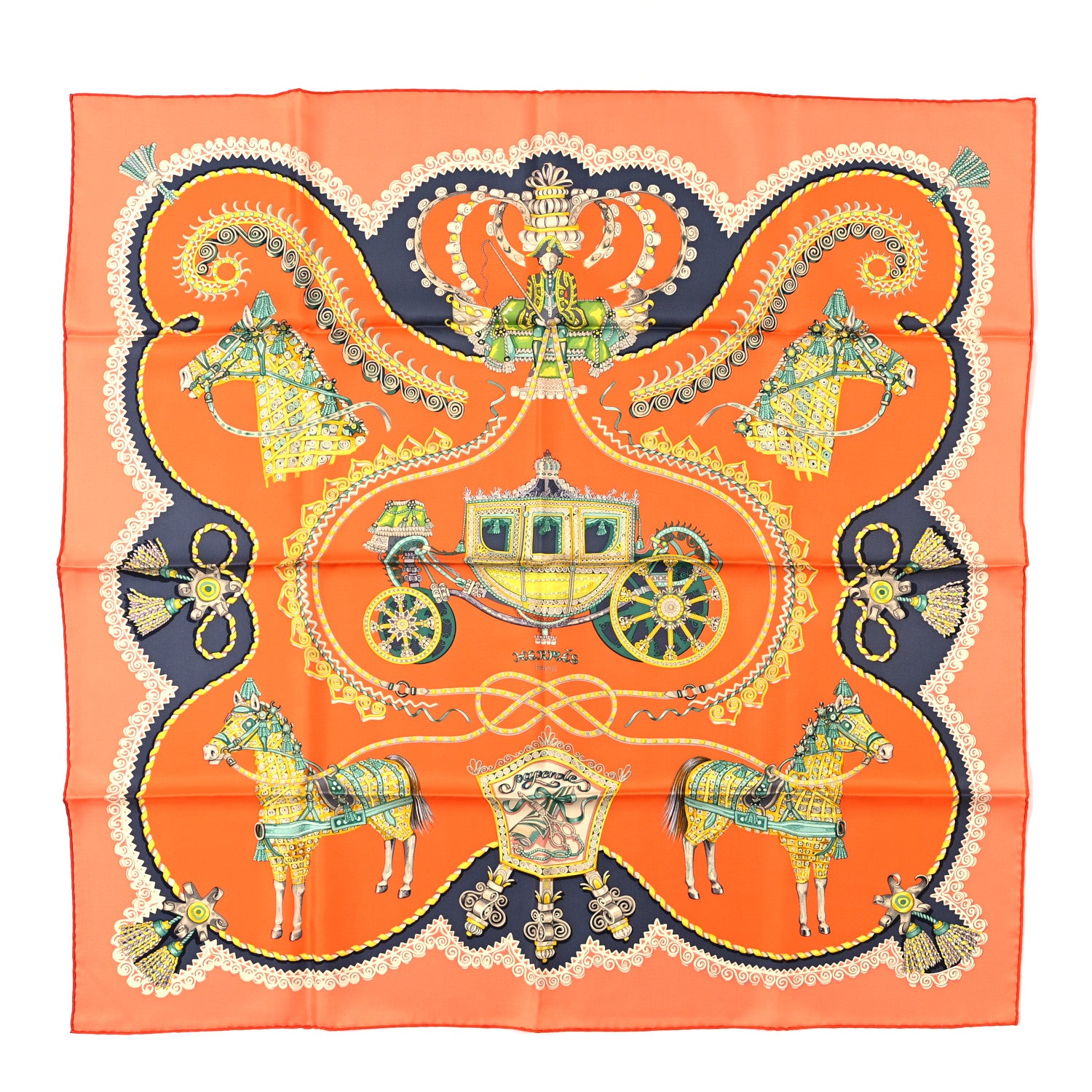 Hermes Silk Carre Paperoles Scarf 90 Orange Anthracite Vert 1 of 3