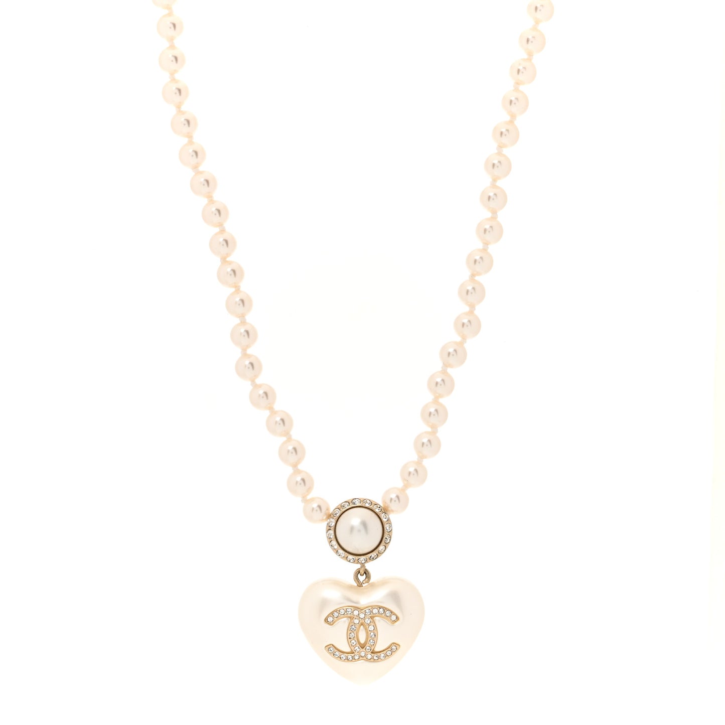 Pearl Crystal CC Heart Short Necklace Gold Pearly White