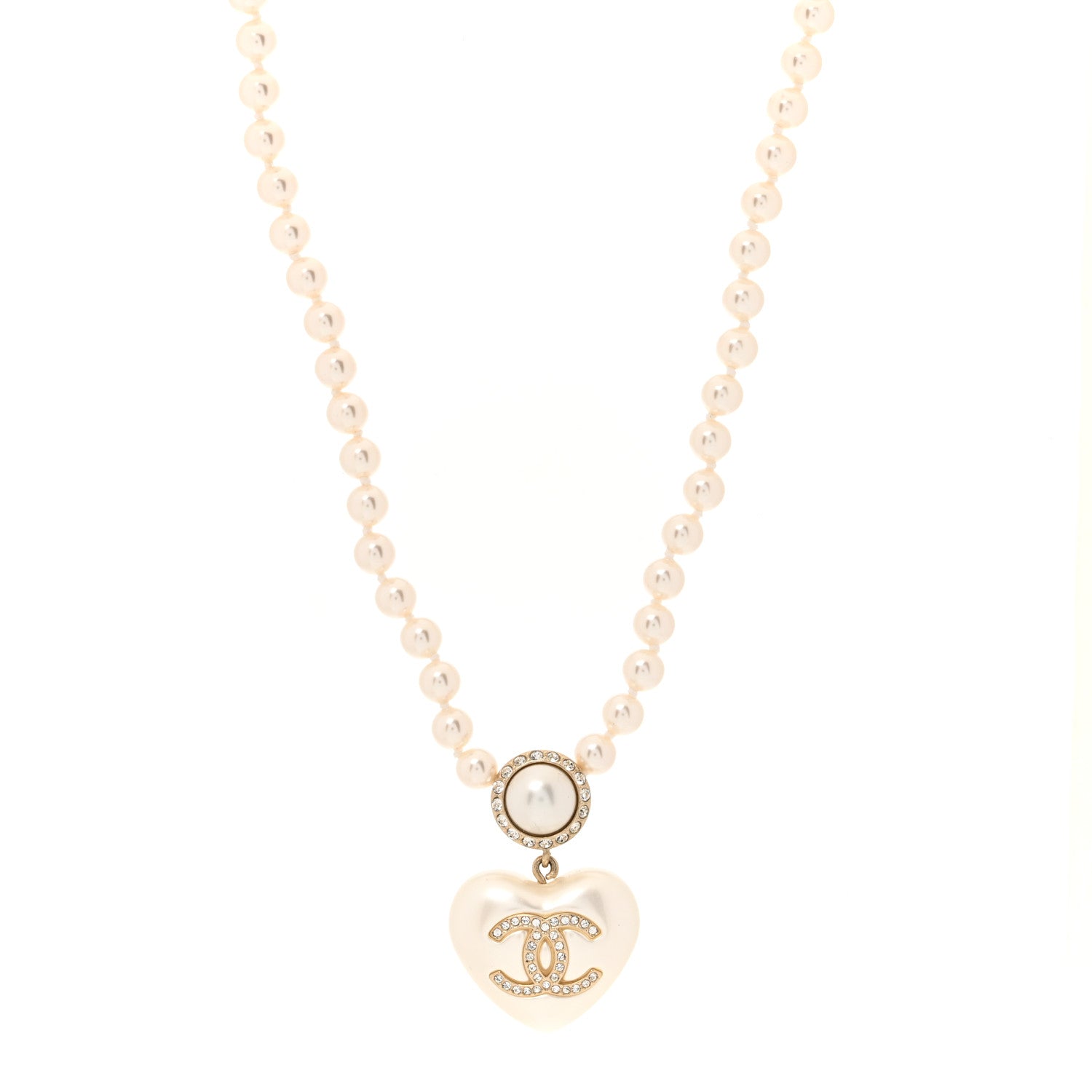 Chanel Pearl Crystal CC Heart Short Necklace Gold Pearly White 1 of 5
