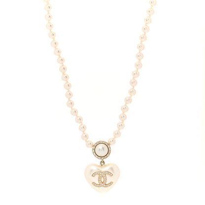 Chanel Pearl Crystal CC Heart Short Necklace Gold Pearly White 1 of 5