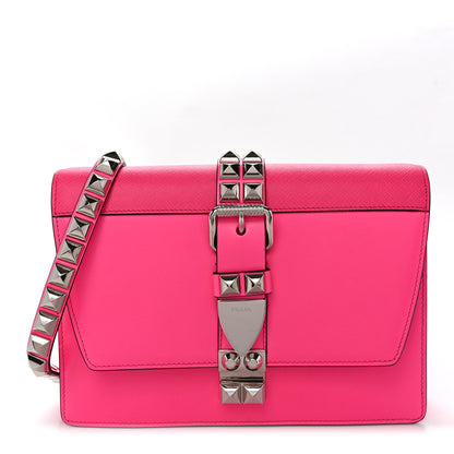 Prada Saffiano City Calfskin Studded Large Elektra Shoulder Bag Fuchsia Black 1 of 9