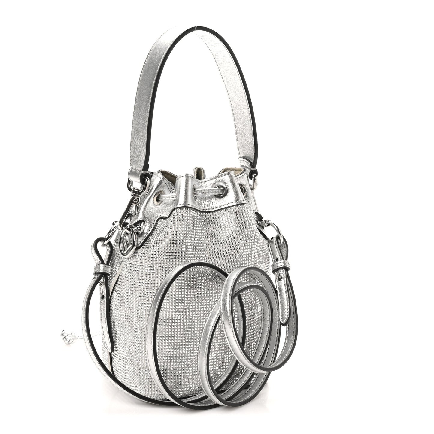 Crystal Vitello Laminato FF Mini Mon Tresor Bucket Bag Crystal Argento