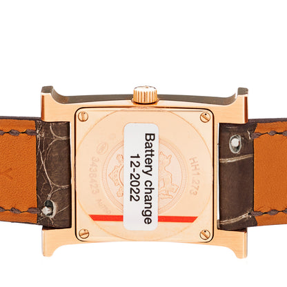 Hermes 18K Rose Gold Alligator Diamond Bezel Mother of Pearl 21mm Heure H Hour Quartz Watch Gris Elephant 4 of 5
