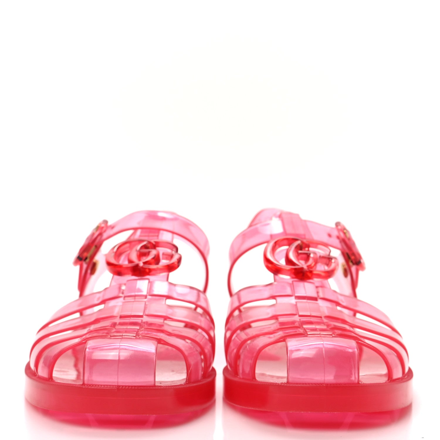 Gucci Shiny Rubber Double G Buckle Strap Sandals 38 Transparent Deep Coral 2 of 7