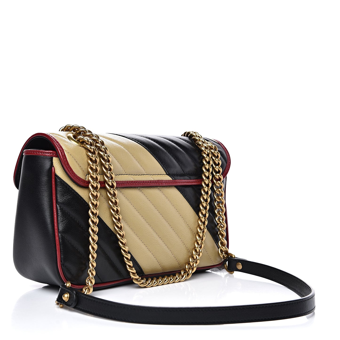 Vintage Effect Calfskin Matelasse Diagonal Striped Small Torchon GG Marmont Shoulder Bag Black Beige
