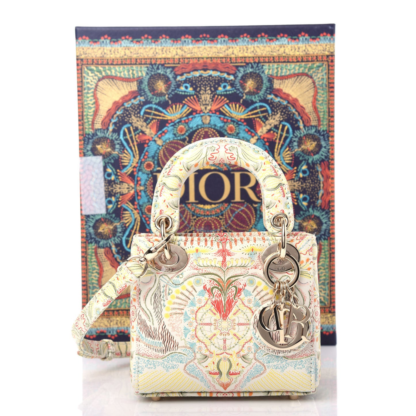 Calfskin Embroidered Mini Lady Dior White Multicolor