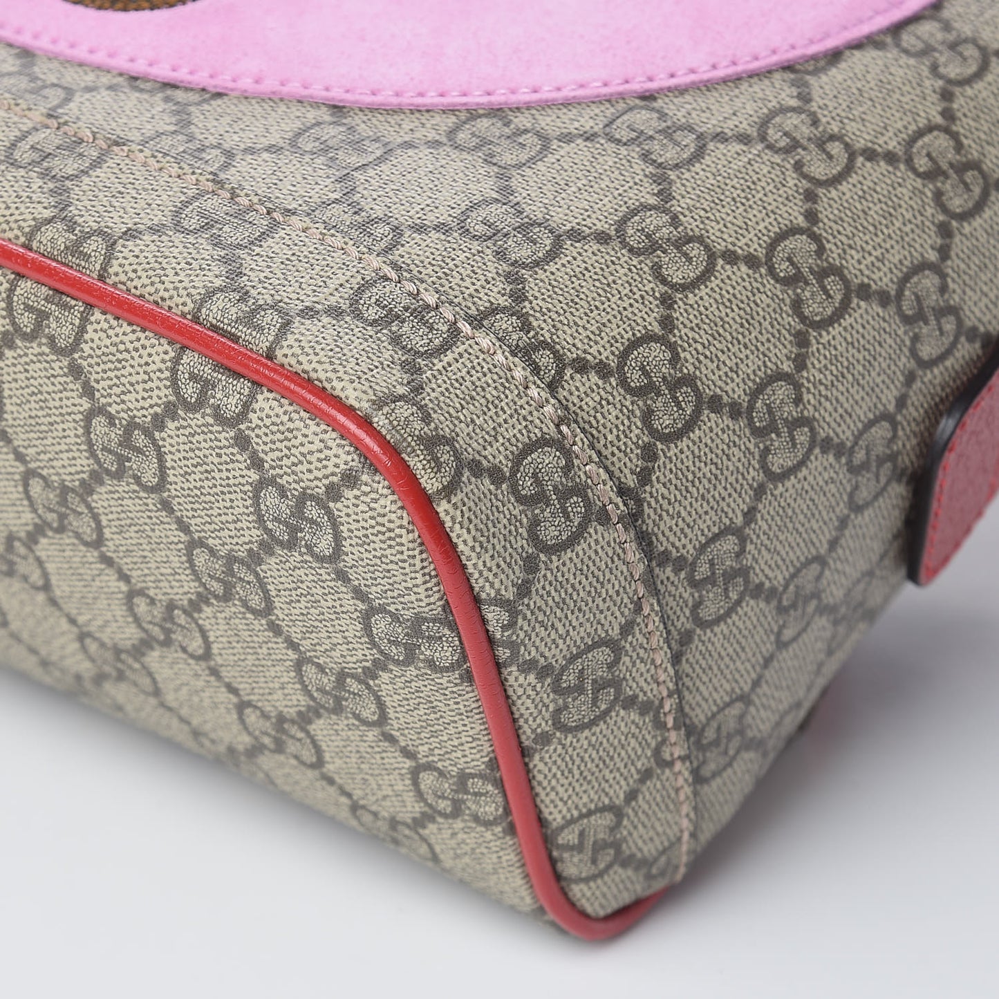 GG Supreme Monogram Web Bosco Patch Dome Backpack Beige Malva Hibiscus Red