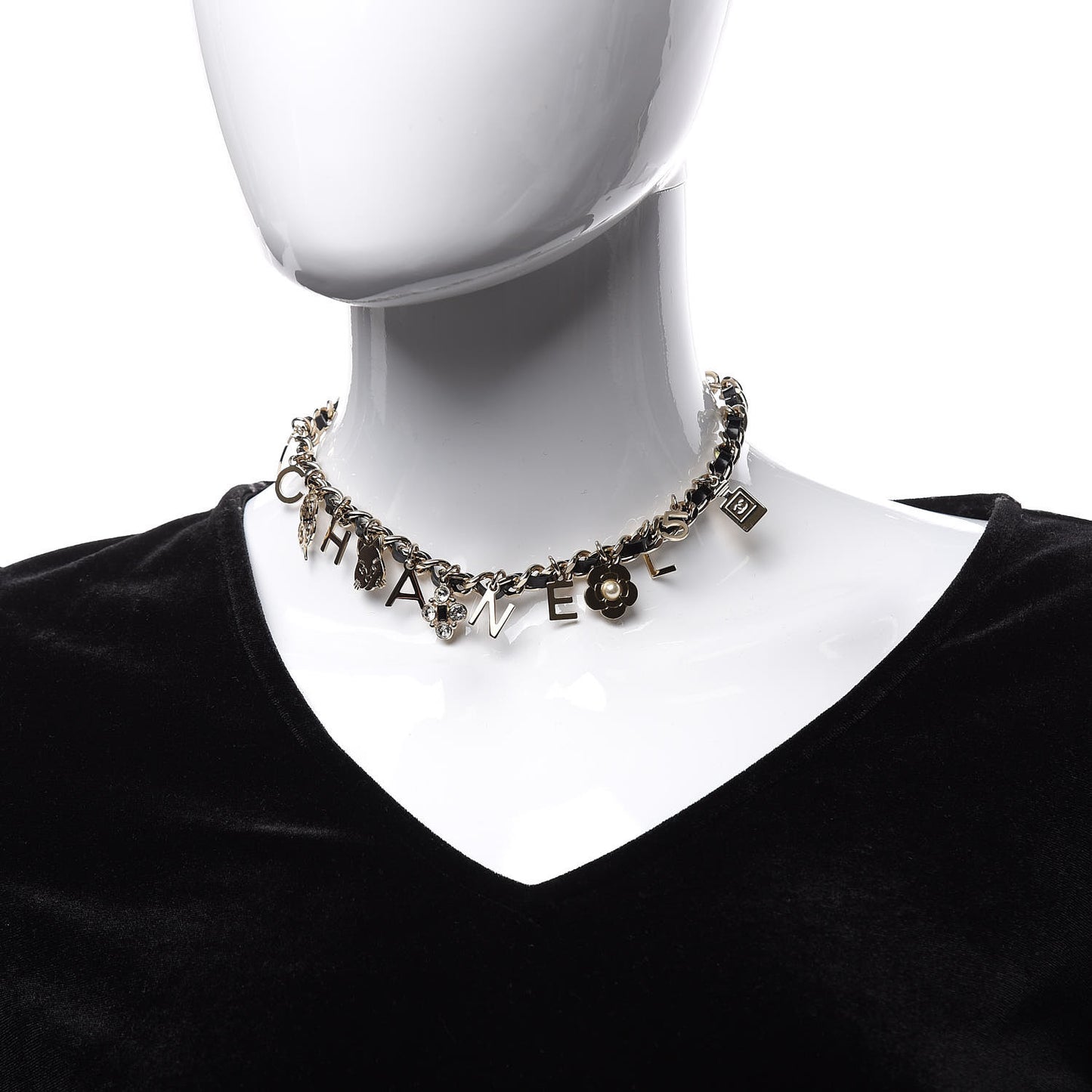 Glazed Calfskin Crystal Pearl Charm Short Necklace Black Gold
