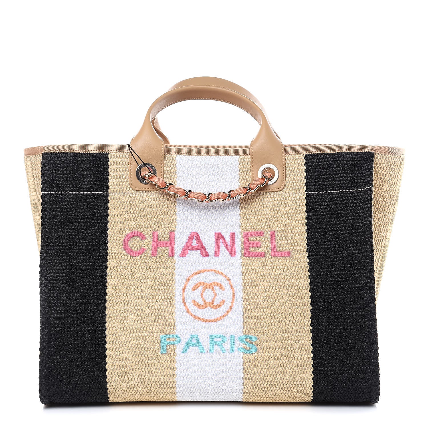 Chanel Straw Raffia Calfskin Striped Large Deauville Tote Black Beige Ivory 1 of 10