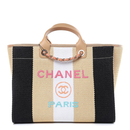 Chanel Straw Raffia Calfskin Striped Large Deauville Tote Black Beige Ivory 1 of 10