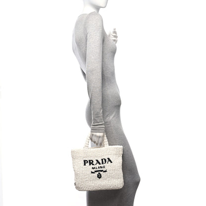 Prada Yarn Raffia Effect Crochet Embroidered Small Logo Tote White 2 of 10