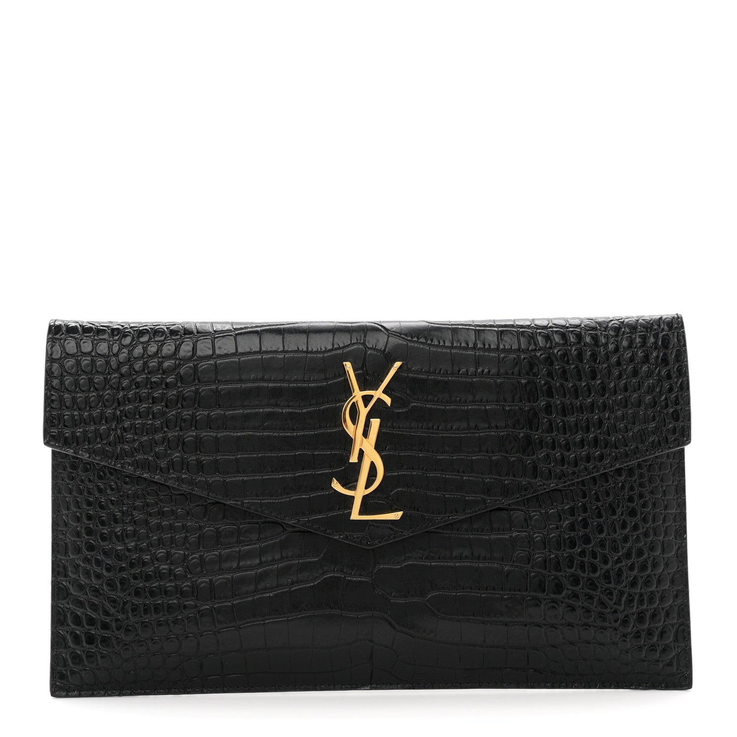 Saint Laurent Calfskin Crocodile Embossed Uptown Monogram Pouch Black 1 of 7