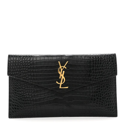 Saint Laurent Calfskin Crocodile Embossed Uptown Monogram Pouch Black 1 of 7