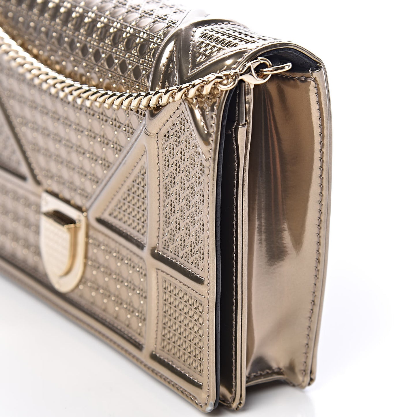 Metallic Patent Micro-Cannage Diorama Wallet on Chain Pouch Gold