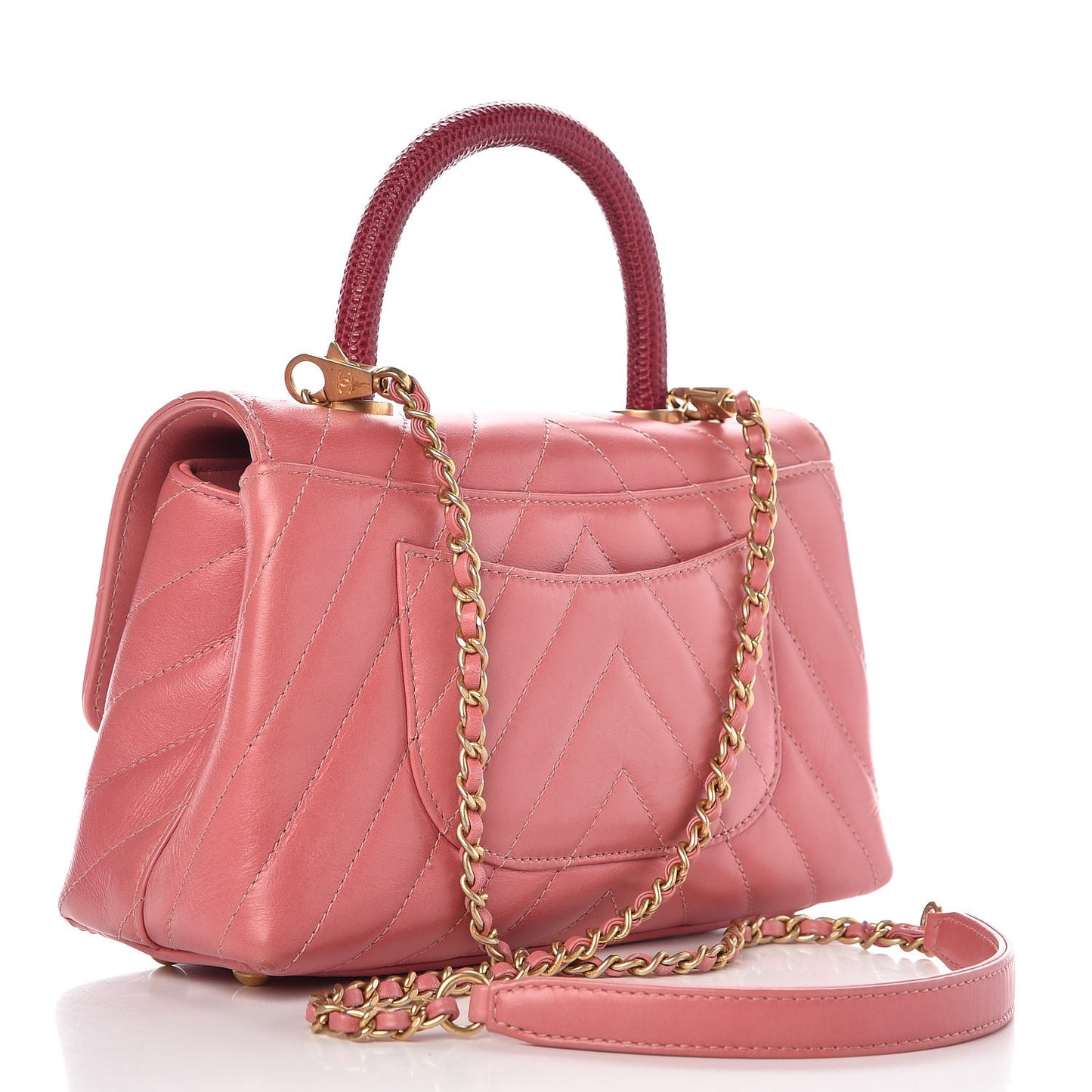 Calfskin Lizard Chevron Quilted Mini Coco Handle Flap Pink