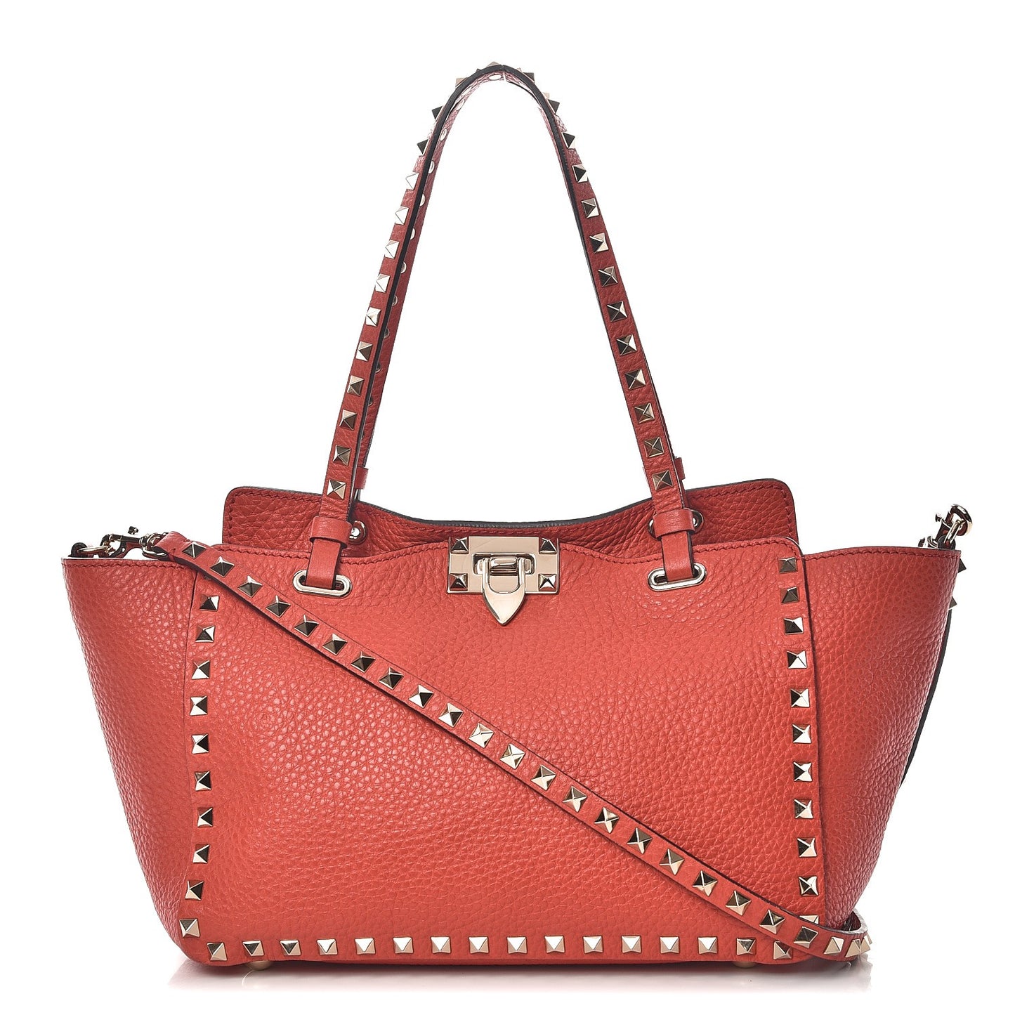 Grained Calfskin Small Rockstud Tote Deep Coral