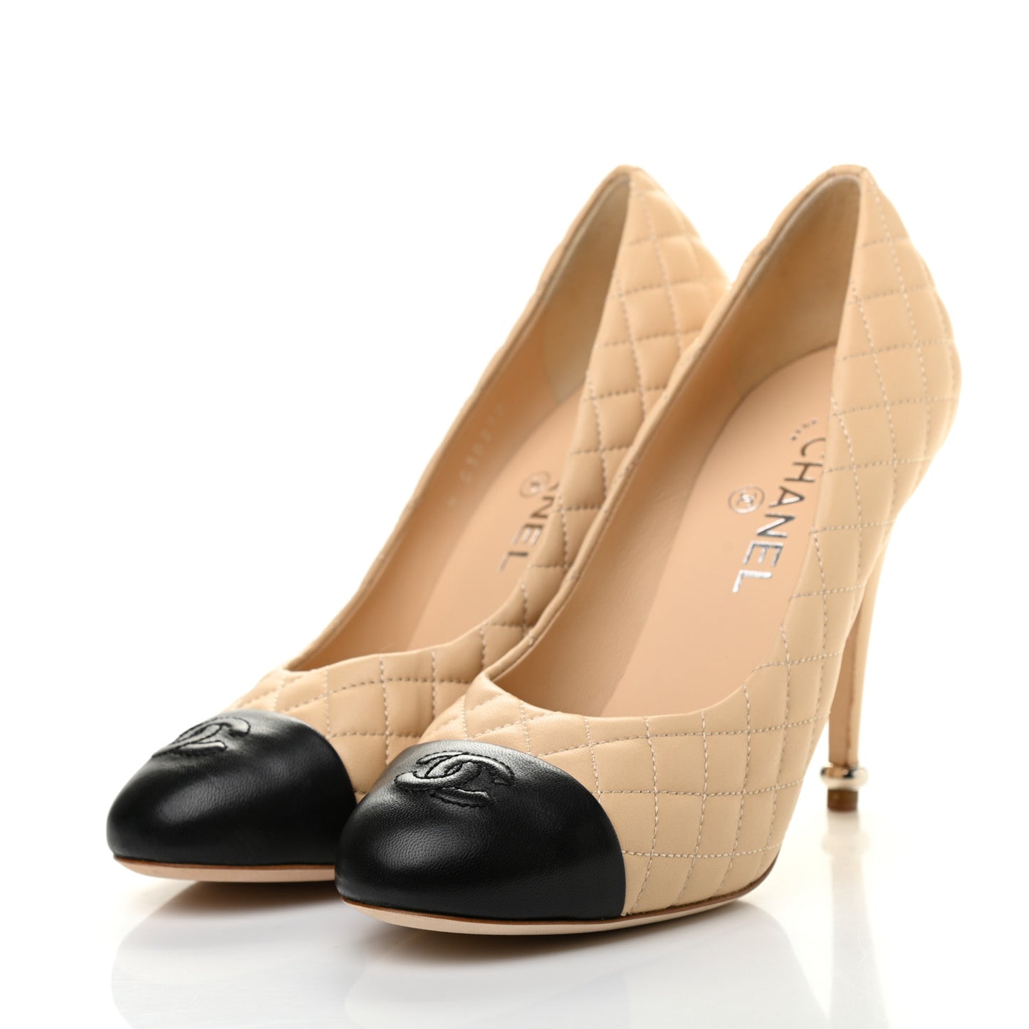Lambskin Quilted CC Cap Toe Pumps 39.5 Beige Black