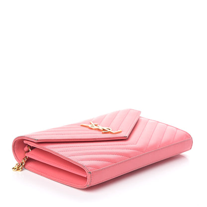 Saint Laurent Grain De Poudre Matelasse Chevron Monogram Chain Wallet Rose Clair 4 of 11