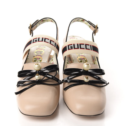 Gucci Malaga Kid Bow Ace Stripe Mid-Heel Slingback Pumps 40 Beige 2 of 11