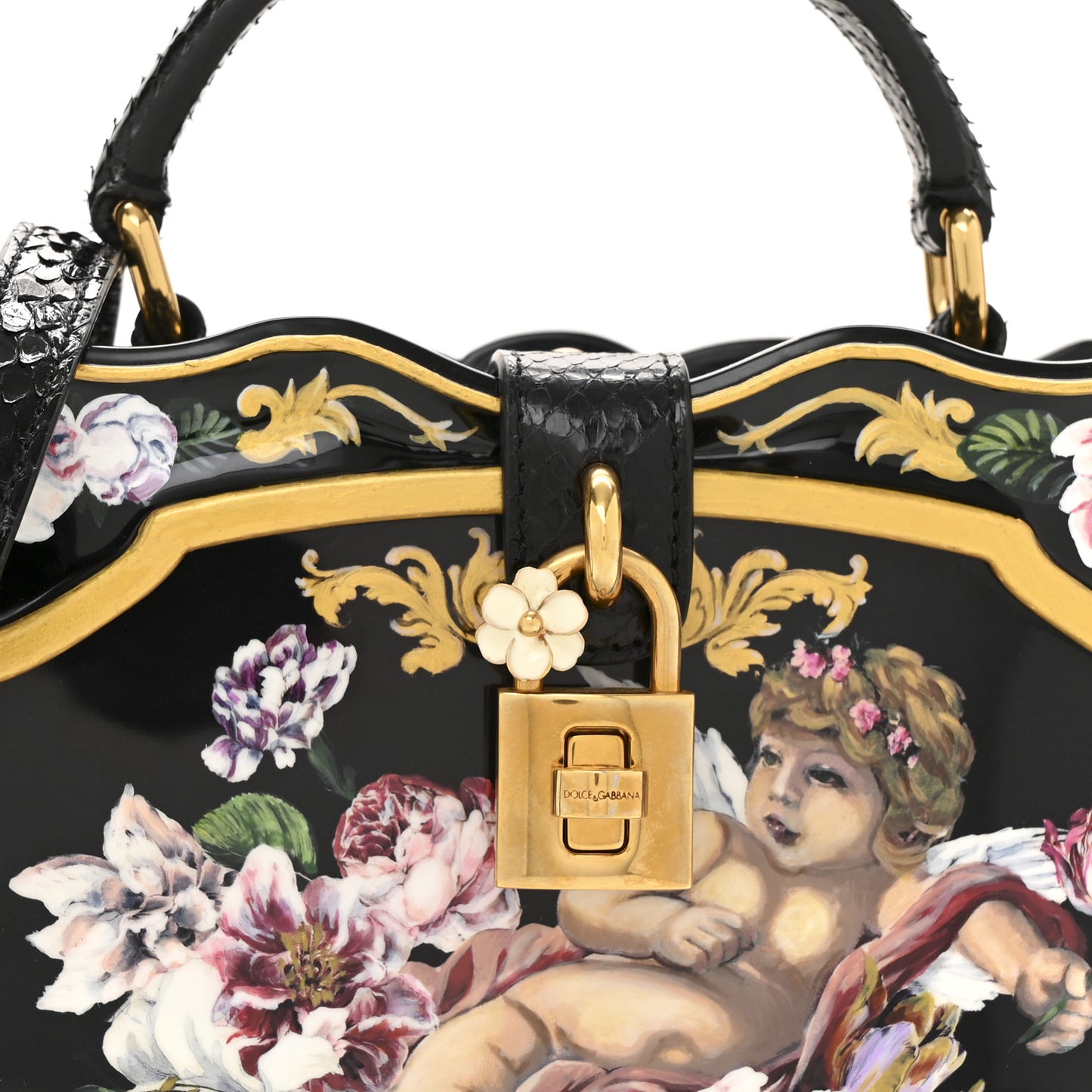 Plexiglass Snakeskin Cherub Box Bag Black Gold