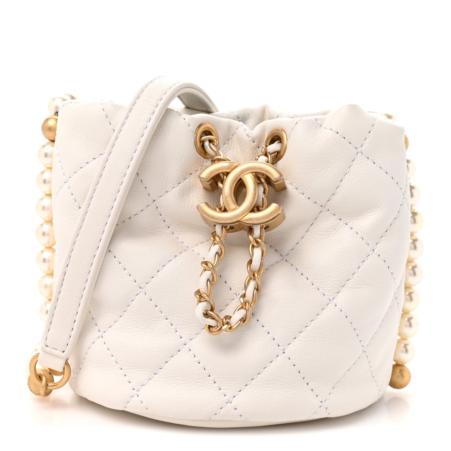 Chanel Calfskin Quilted Pearl Mini About Pearls Drawstring Bucket Bag White 1 of 9