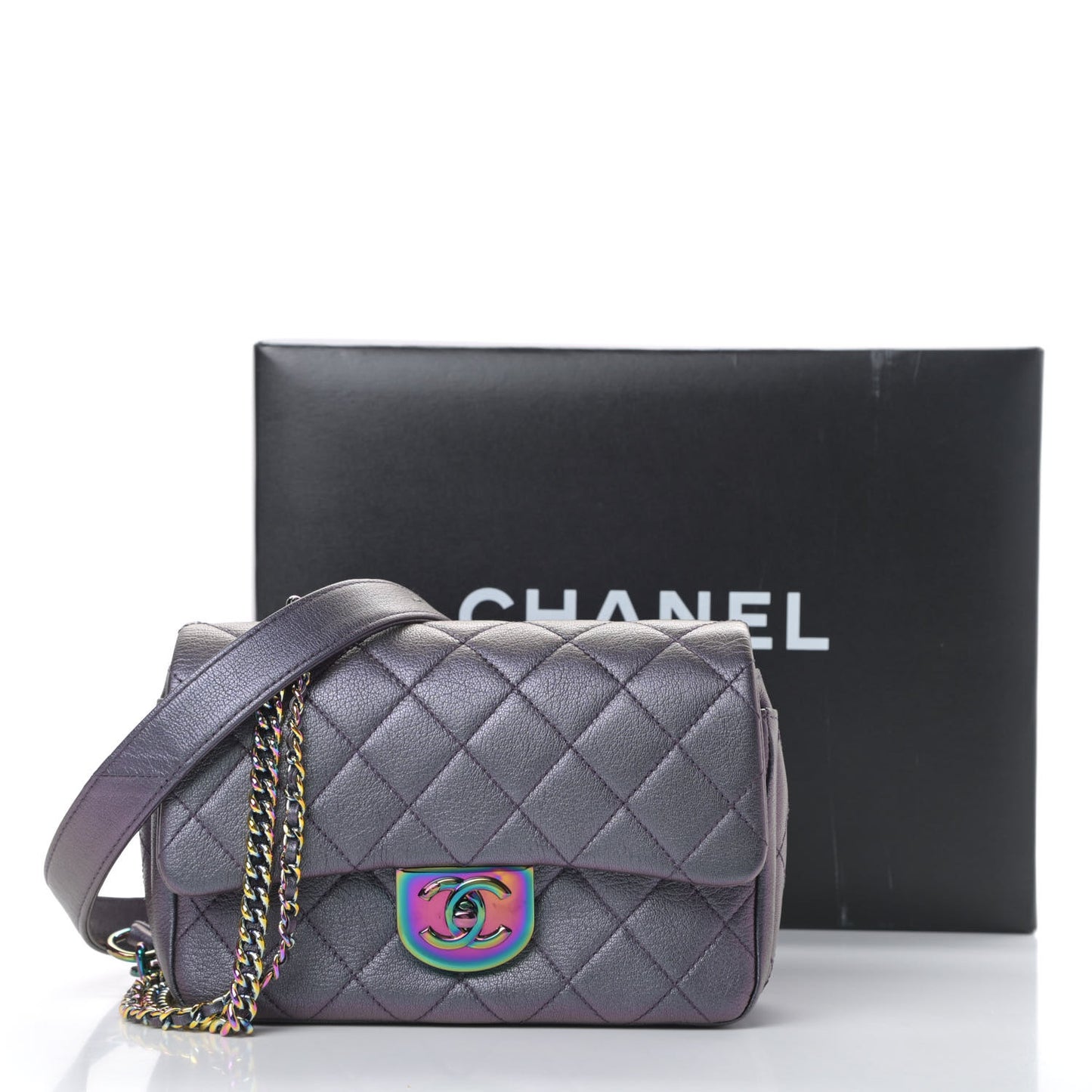 Iridescent Goatskin Quilted Small Double Carry Waist Chain Flap Purple