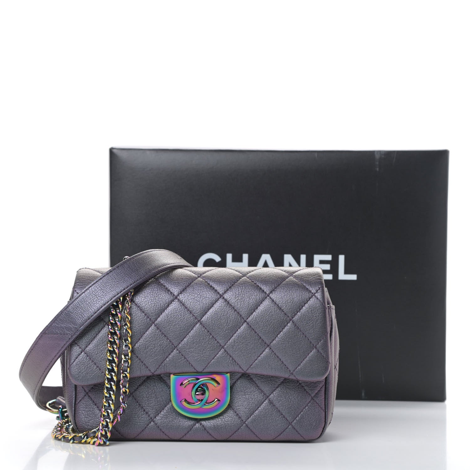 Chanel Iridescent Goatskin Quilted Small Double Carry Waist Chain Flap Purple 11 of 11