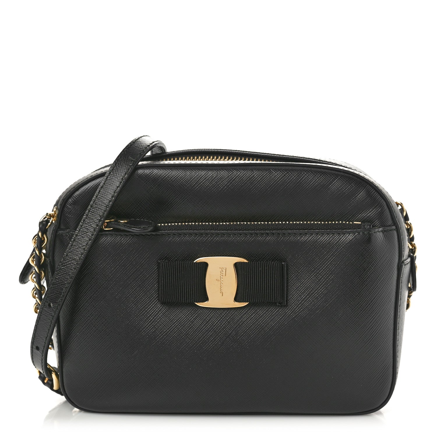 Salvatore Ferragamo Hammered Calfskin Lydia Bow Camera Bag Black 1 of 10
