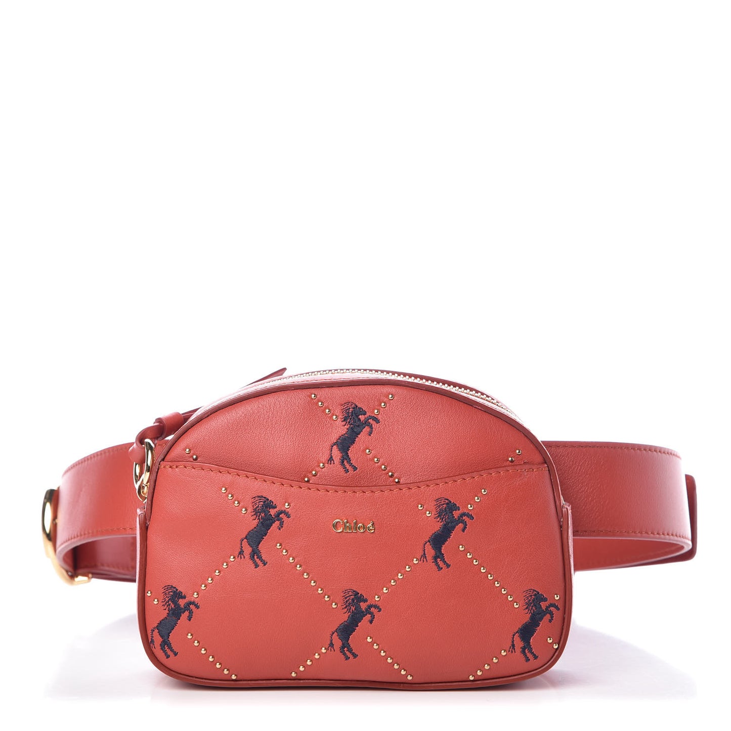 Smooth Calfskin Little Horses Embroidered Signature Belt Bag Earthy Red