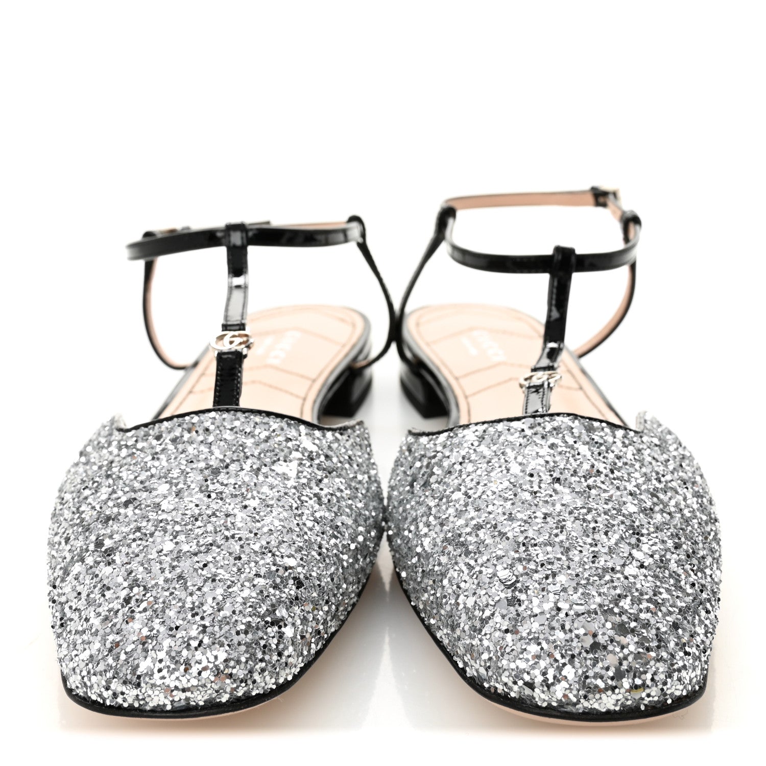 Gucci Calfskin Glitter Double G Slingback Flats 39 Silver Black 2 of 8