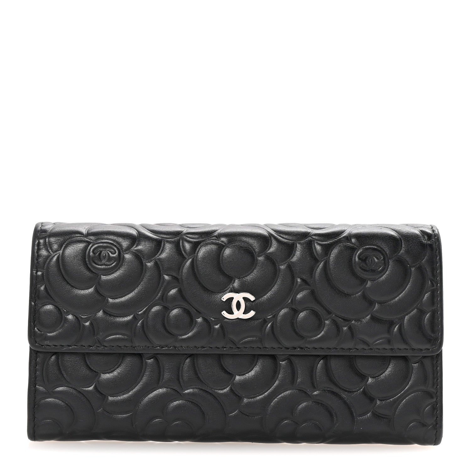 Chanel Goatskin Embossed Camellia Large Gusset Flap Wallet Black 1 of 8