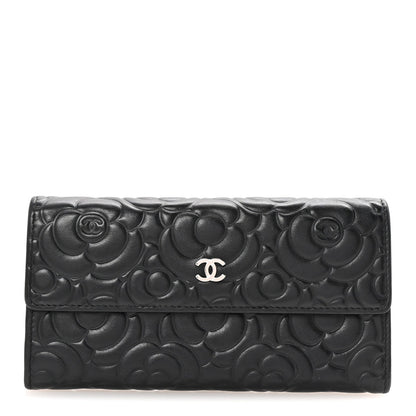 Chanel Goatskin Embossed Camellia Large Gusset Flap Wallet Black 1 of 8