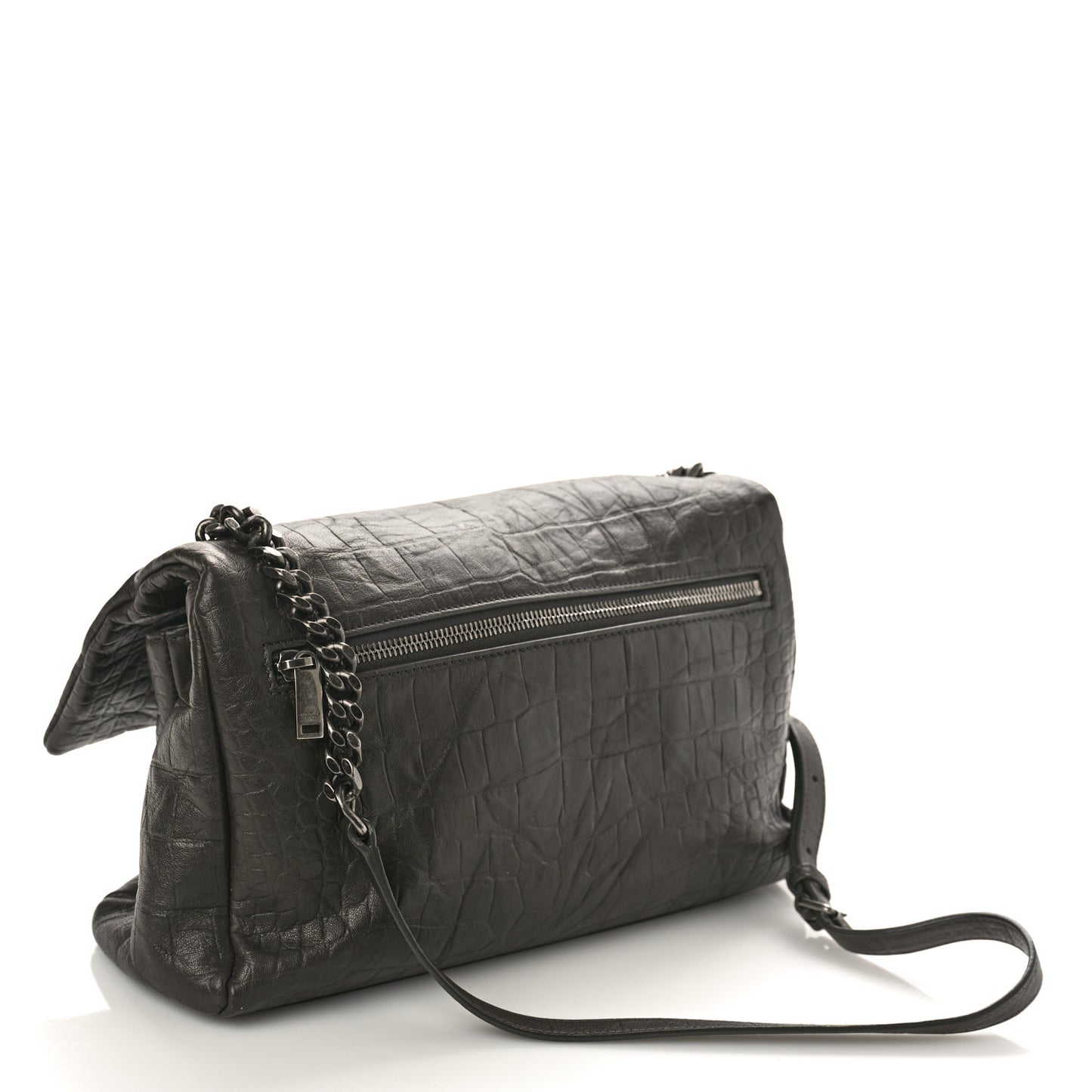 Calfskin Crocodile Embossed Medium West Hollywood Monogram Fold-Over Grey