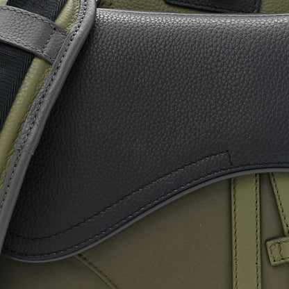 Christian Dior X SACAI Grained Calfskin Technical Fabric Mens Saddle Bag Olive Navy Blue 8 of 11