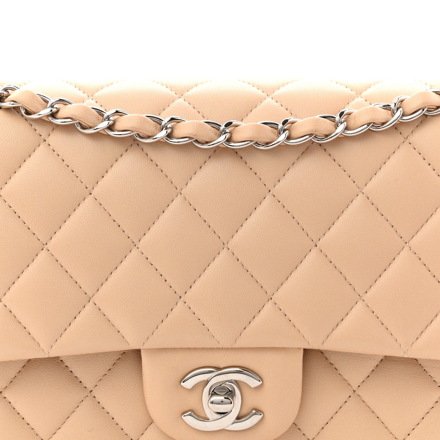 Lambskin Quilted Medium Double Flap Beige