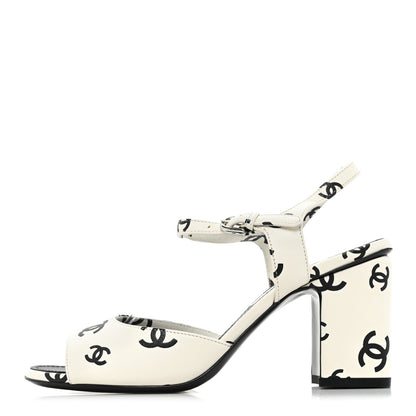 Chanel Lambskin Printed Coco Beach Sandals 37 White Black 1 of 10